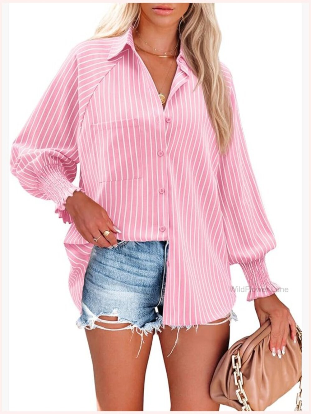 Striped Button Down Shirt Long Sleeve Smocked Cuffed Oversized Boyfriend Blouse